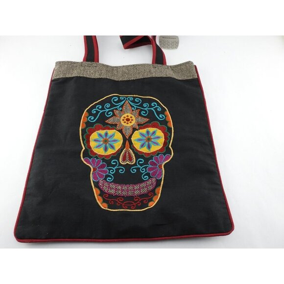 World Mark Sugar Skull Tote Bag Black Embroidered Day of Dead Boho Festival Fabr - Picture 2 of 8
